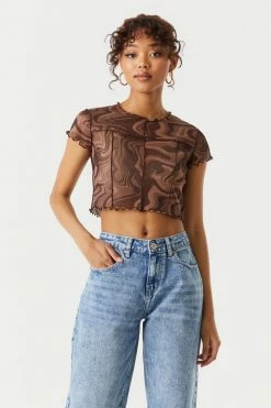 Stitches Ladies Mesh Marble Print Exposed Seam Crop Top Tops