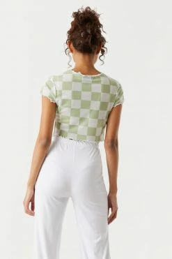 Stitches Ladies Mesh Checkered Print Exposed Seam Crop Top Tops