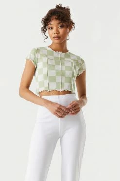Stitches Ladies Mesh Checkered Print Exposed Seam Crop Top Tops