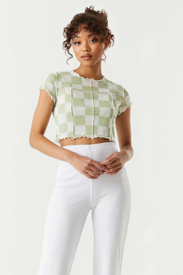Stitches Ladies Mesh Checkered Print Exposed Seam Crop Top Tops 1 Stitches Ladies Mesh Checkered Print Exposed Seam Crop Top Tops
