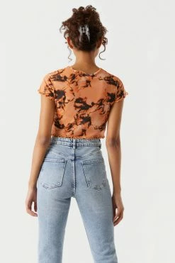 Stitches Ladies Mesh Marble Print Exposed Seam Crop Top
