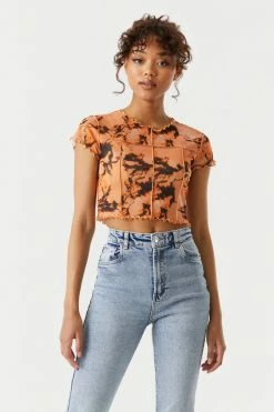 Stitches Ladies Mesh Marble Print Exposed Seam Crop Top