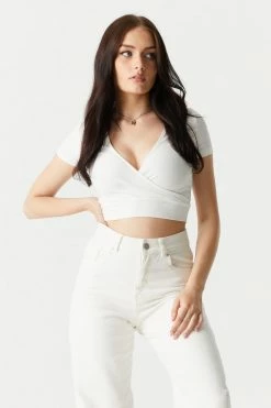 Stitches Ladies Tops Soft Ribbed Surplice V-Neck Crop Top