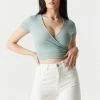 Stitches Ladies Tops Soft Ribbed Surplice V-Neck Crop Top