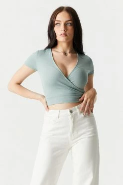 Stitches Ladies Tops Soft Ribbed Surplice V-Neck Crop Top