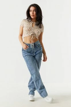 Stitches Ladies Zebra Print Cinched Front Cut-Out Crop Top