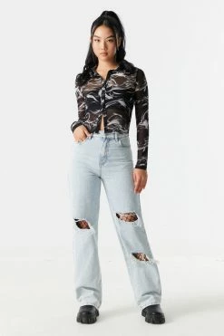 Stitches Ladies Mesh Smoke Print Button-Up Polo Tops