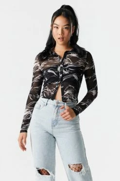Stitches Ladies Mesh Smoke Print Button-Up Polo Tops