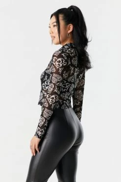 Stitches Ladies Tops Mesh Tattoo Heart Print Button-Up Polo