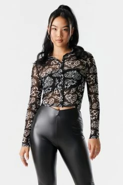 Stitches Ladies Tops Mesh Tattoo Heart Print Button-Up Polo