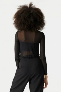 Stitches Ladies Mock Neck Lettuce Hem Mesh Cropped Top