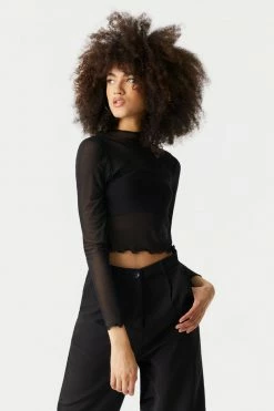 Stitches Ladies Mock Neck Lettuce Hem Mesh Cropped Top