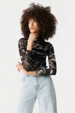 Stitches Ladies Mock Neck Marble Print Lettuce Hem Mesh Cropped Top Tops