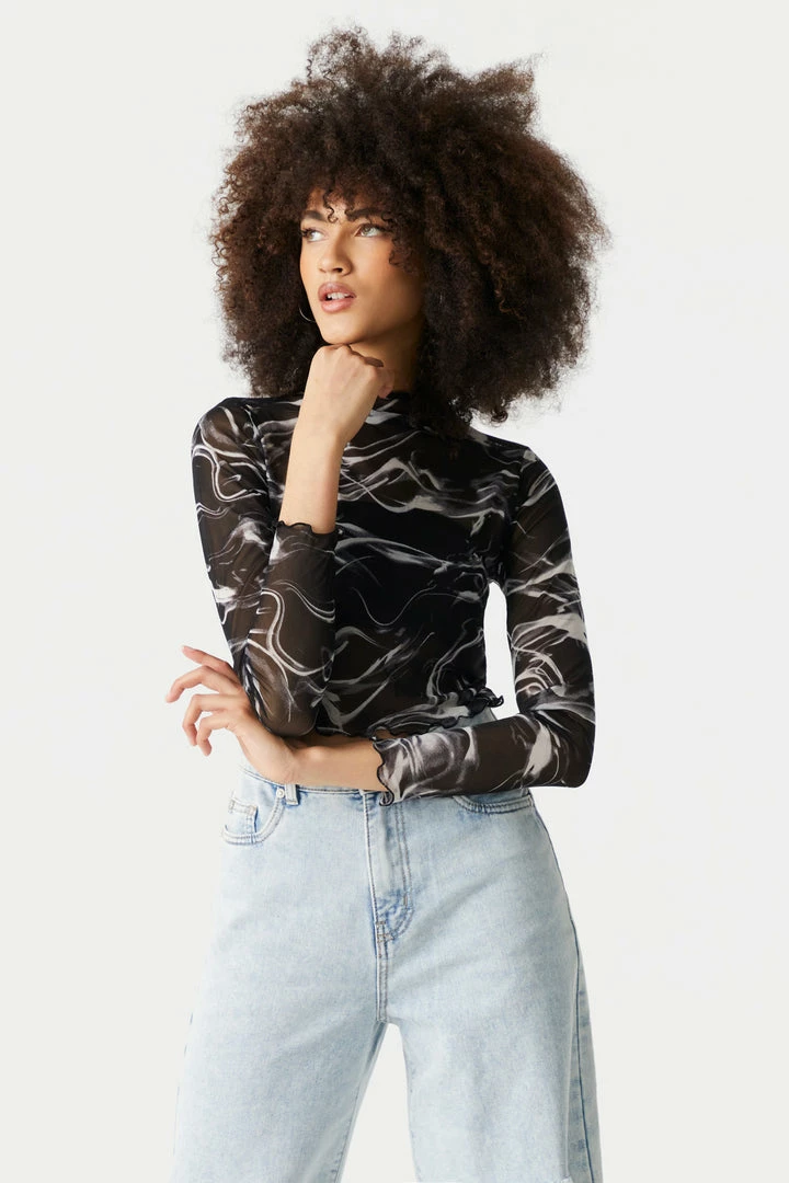 Stitches Ladies Mock Neck Marble Print Lettuce Hem Mesh Cropped Top Tops 1 Stitches Ladies Mock Neck Marble Print Lettuce Hem Mesh Cropped Top Tops