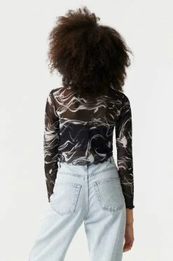 Stitches Ladies Mock Neck Marble Print Lettuce Hem Mesh Cropped Top Tops