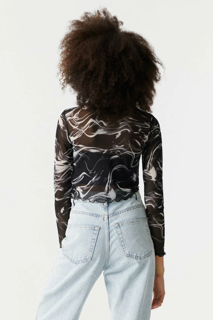 Stitches Ladies Mock Neck Marble Print Lettuce Hem Mesh Cropped Top Tops 2 Stitches Ladies Mock Neck Marble Print Lettuce Hem Mesh Cropped Top Tops