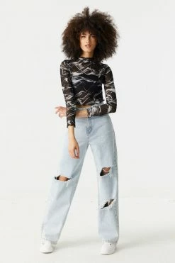 Stitches Ladies Mock Neck Marble Print Lettuce Hem Mesh Cropped Top Tops 5 Stitches Ladies Mock Neck Marble Print Lettuce Hem Mesh Cropped Top Tops