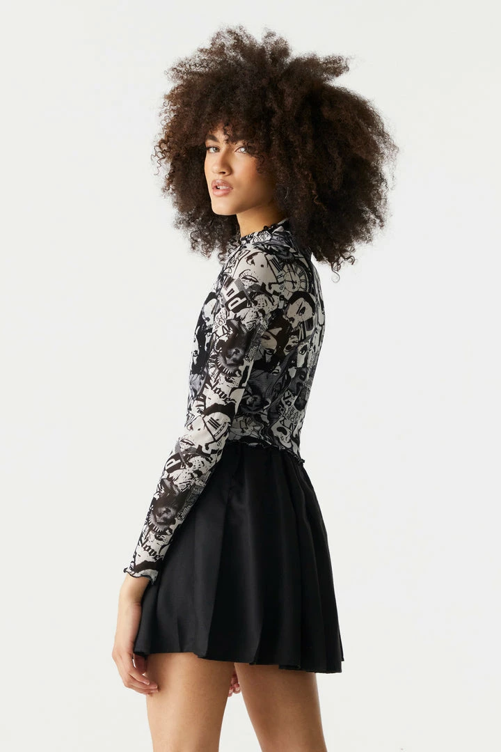 Stitches Ladies Mock Neck I Love NY Collage Print Lettuce Hem Mesh Cropped Top 2 Stitches Ladies Mock Neck I Love NY Collage Print Lettuce Hem Mesh Cropped Top