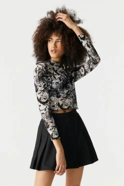 Stitches Ladies Mock Neck I Love NY Collage Print Lettuce Hem Mesh Cropped Top