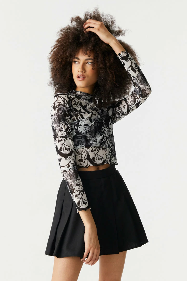 Stitches Ladies Mock Neck I Love NY Collage Print Lettuce Hem Mesh Cropped Top 1 Stitches Ladies Mock Neck I Love NY Collage Print Lettuce Hem Mesh Cropped Top