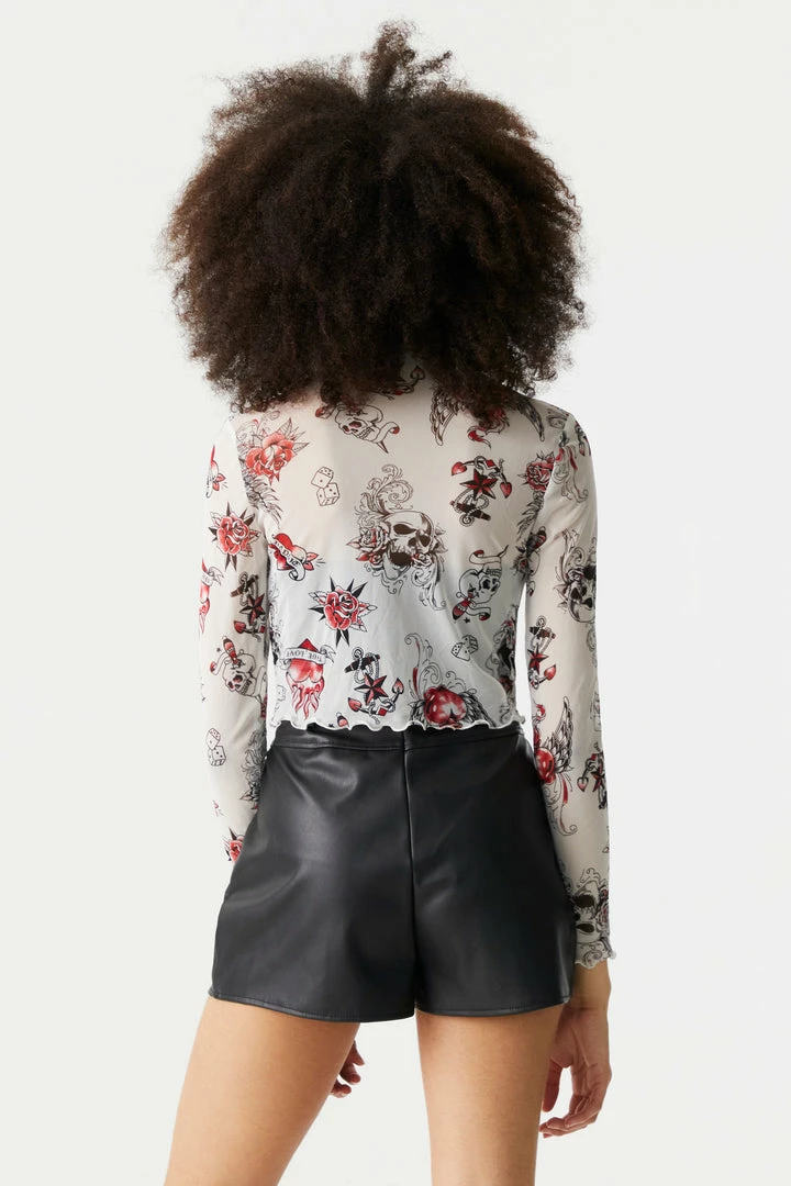 Stitches Ladies Tops Mock Neck Skull And Rose Print Lettuce Hem Mesh Cropped Top 2 Stitches Ladies Tops Mock Neck Skull And Rose Print Lettuce Hem Mesh Cropped Top