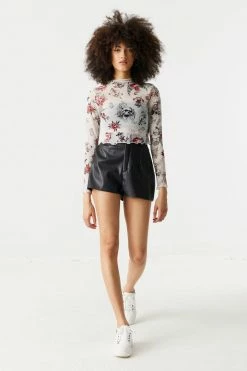 Stitches Ladies Tops Mock Neck Skull And Rose Print Lettuce Hem Mesh Cropped Top 5 Stitches Ladies Tops Mock Neck Skull And Rose Print Lettuce Hem Mesh Cropped Top