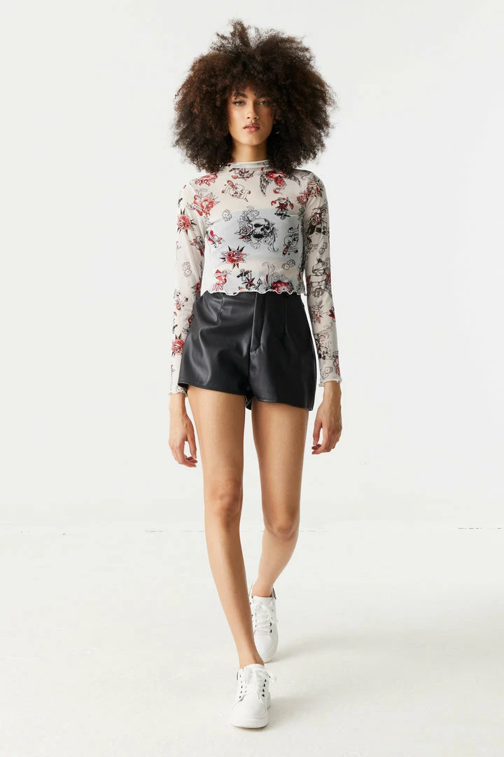 Stitches Ladies Tops Mock Neck Skull And Rose Print Lettuce Hem Mesh Cropped Top 3 Stitches Ladies Tops Mock Neck Skull And Rose Print Lettuce Hem Mesh Cropped Top
