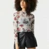 Stitches Ladies Tops Mock Neck Skull And Rose Print Lettuce Hem Mesh Cropped Top