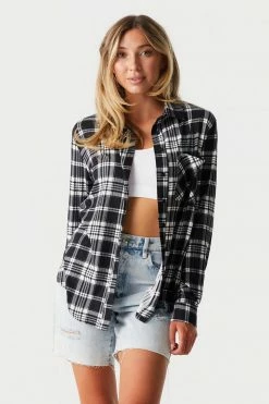 Stitches Ladies Black Plaid Boyfriend Shirt