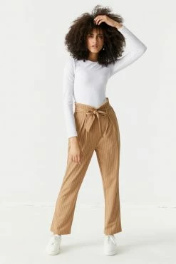 Stitches Ladies Self-Tie Pinstripe Print Crepe Knit Paperbag Mom Pant 9 Stitches Ladies Self-Tie Pinstripe Print Crepe Knit Paperbag Mom Pant