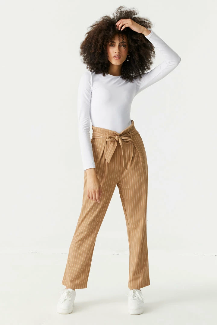 Stitches Ladies Self-Tie Pinstripe Print Crepe Knit Paperbag Mom Pant 4 Stitches Ladies Self-Tie Pinstripe Print Crepe Knit Paperbag Mom Pant