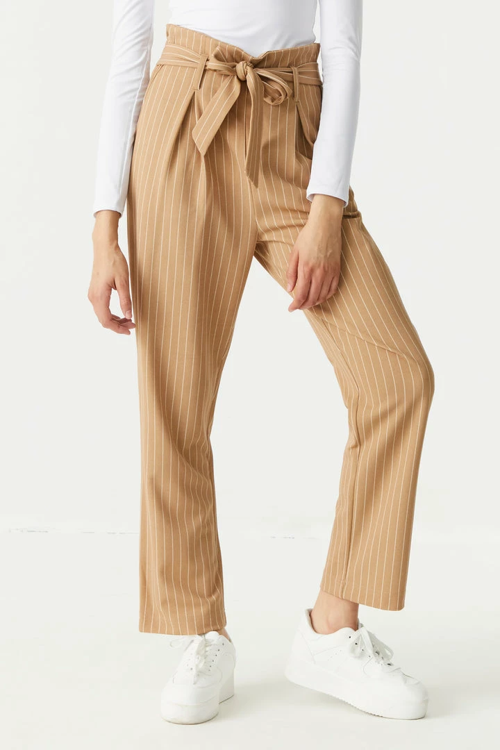 Stitches Ladies Self-Tie Pinstripe Print Crepe Knit Paperbag Mom Pant 5 Stitches Ladies Self-Tie Pinstripe Print Crepe Knit Paperbag Mom Pant