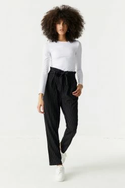 Stitches Ladies Self-Tie Pinstripe Print Crepe Knit Paperbag Mom Pant