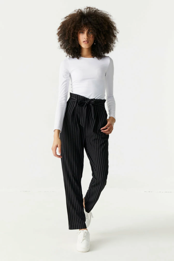 Stitches Ladies Self-Tie Pinstripe Print Crepe Knit Paperbag Mom Pant 1 Stitches Ladies Self-Tie Pinstripe Print Crepe Knit Paperbag Mom Pant