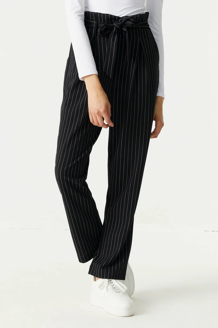 Stitches Ladies Self-Tie Pinstripe Print Crepe Knit Paperbag Mom Pant 2 Stitches Ladies Self-Tie Pinstripe Print Crepe Knit Paperbag Mom Pant