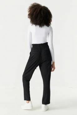 Stitches Ladies Self-Tie Pinstripe Print Crepe Knit Paperbag Mom Pant 8 Stitches Ladies Self-Tie Pinstripe Print Crepe Knit Paperbag Mom Pant