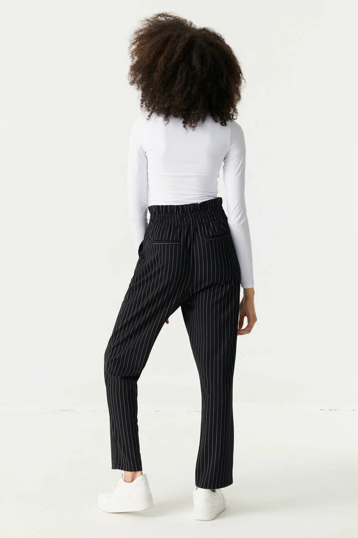 Stitches Ladies Self-Tie Pinstripe Print Crepe Knit Paperbag Mom Pant 3 Stitches Ladies Self-Tie Pinstripe Print Crepe Knit Paperbag Mom Pant