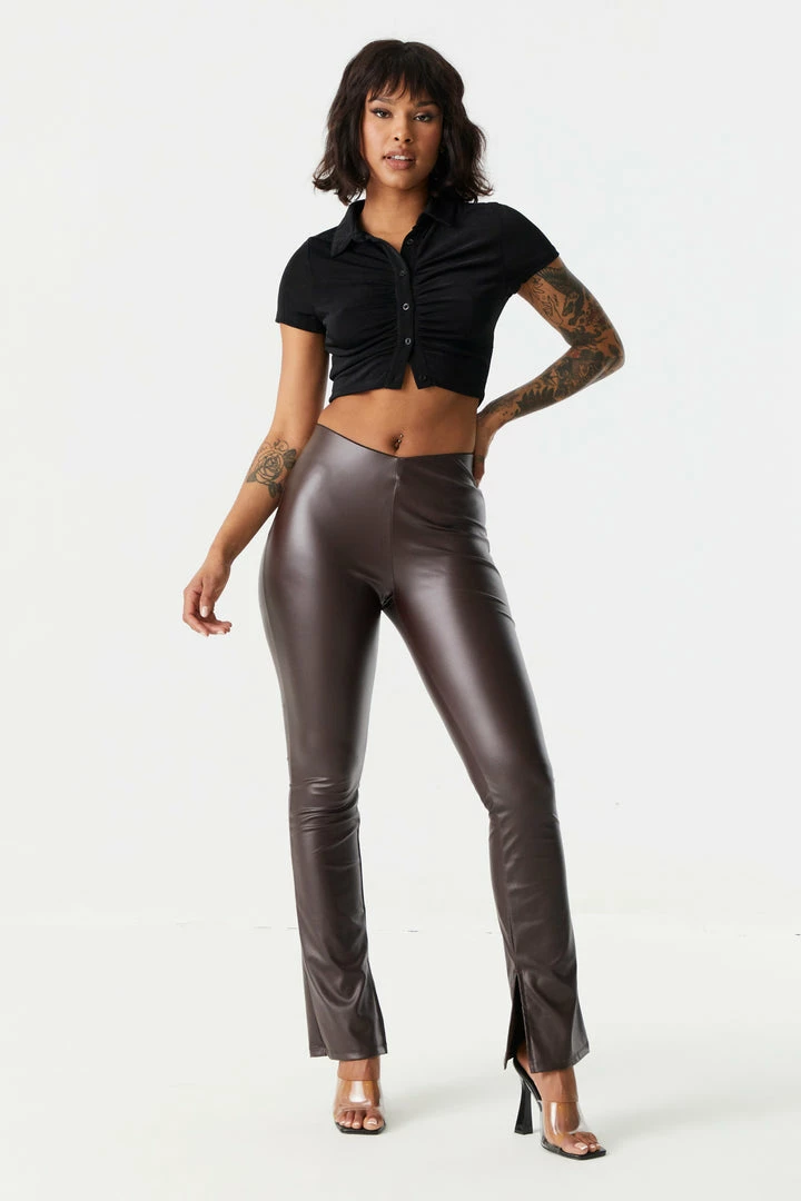 Stitches Ladies Bottoms Faux-Leather Inside Slit Flare Pant 9 Stitches Ladies Bottoms Faux-Leather Inside Slit Flare Pant