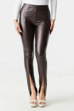 Stitches Ladies Faux-Leather Pull-on Front Slit Flare Pant