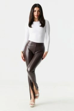 Stitches Ladies Faux-Leather Pull-on Front Slit Flare Pant