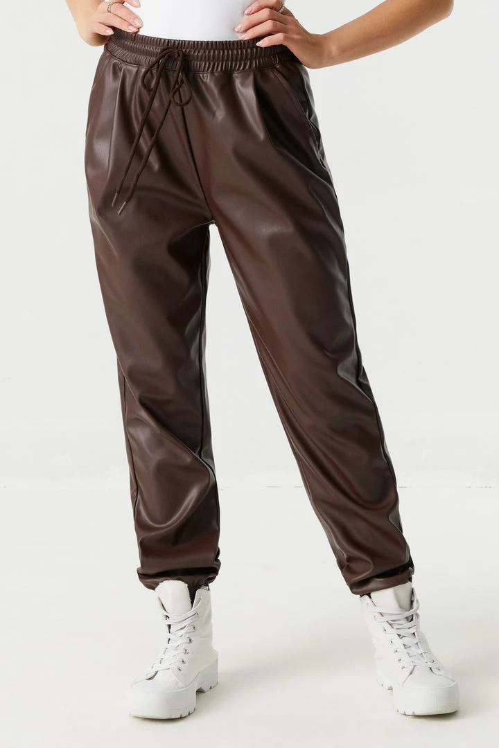 Stitches Ladies Faux-Leather Self-Tie Drawstring Jogger 5 Stitches Ladies Faux-Leather Self-Tie Drawstring Jogger