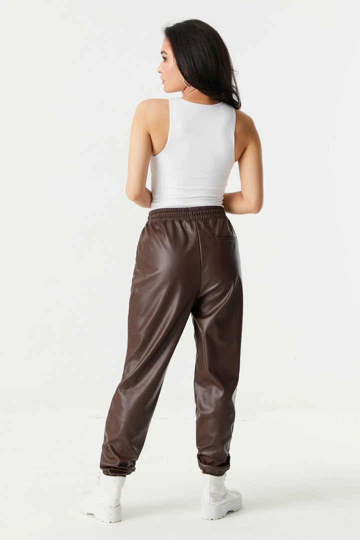 Stitches Ladies Faux-Leather Self-Tie Drawstring Jogger 6 Stitches Ladies Faux-Leather Self-Tie Drawstring Jogger