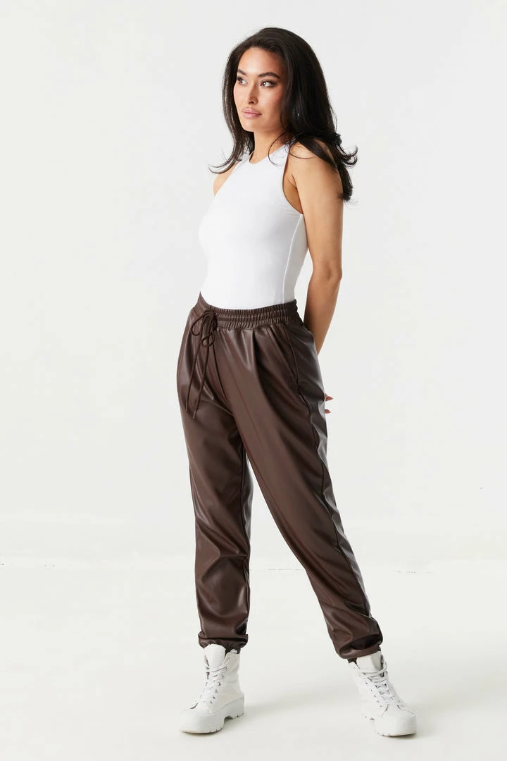 Stitches Ladies Faux-Leather Self-Tie Drawstring Jogger 4 Stitches Ladies Faux-Leather Self-Tie Drawstring Jogger