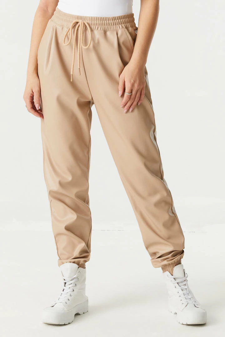 Stitches Ladies Faux-Leather Self-Tie Drawstring Jogger 8 Stitches Ladies Faux-Leather Self-Tie Drawstring Jogger