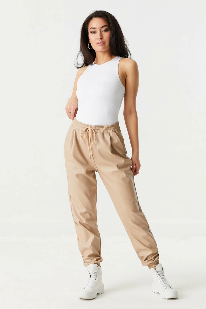 Stitches Ladies Faux-Leather Self-Tie Drawstring Jogger 7 Stitches Ladies Faux-Leather Self-Tie Drawstring Jogger