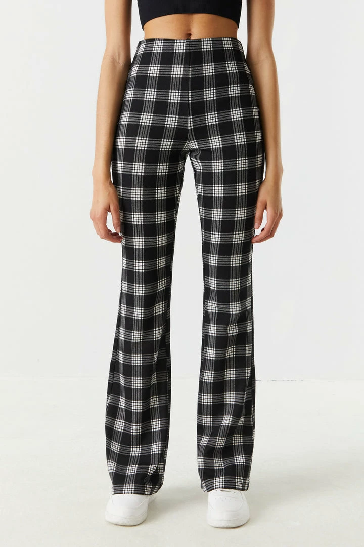 Stitches Ladies Bottoms Black Plaid High-Rise Crepe Knit Flare Pant 2 Stitches Ladies Bottoms Black Plaid High-Rise Crepe Knit Flare Pant