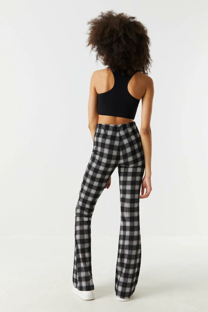 Stitches Ladies Bottoms Black Plaid High-Rise Crepe Knit Flare Pant 3 Stitches Ladies Bottoms Black Plaid High-Rise Crepe Knit Flare Pant