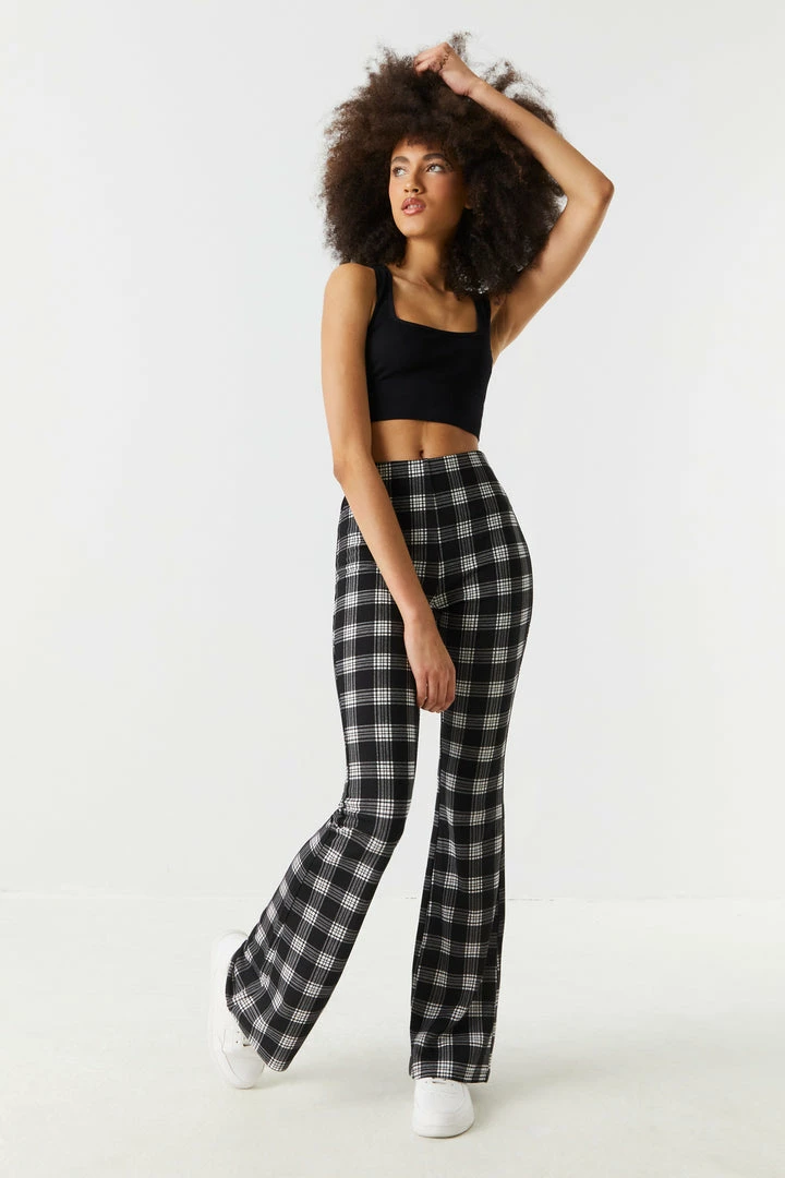 Stitches Ladies Bottoms Black Plaid High-Rise Crepe Knit Flare Pant 1 Stitches Ladies Bottoms Black Plaid High-Rise Crepe Knit Flare Pant