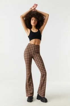 Stitches Ladies Brown Plaid High-Rise Crepe Knit Flare Pant