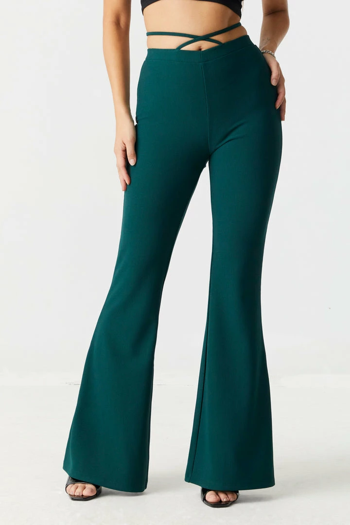 Stitches Ladies Ribbed Cross Front Self-Tie Waist Flare Pant Bottoms 5 Stitches Ladies Ribbed Cross Front Self-Tie Waist Flare Pant Bottoms